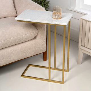 Caius 24.25" Designer Industrial Metal C-Shaped End Table and Side Couch Table with White Marble Top