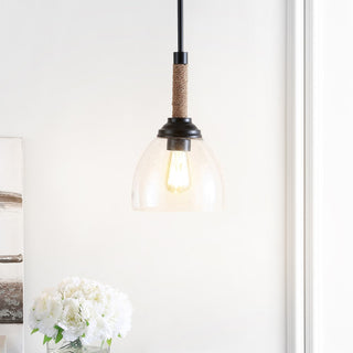 Alys 7.63" Adjustable Rope Wrap Modern Rustic Iron/Glass LED Pendant - JONATHAN Y