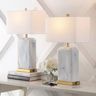 Chloe 24.5" Modern Coastal Iron/Marbled Ceramic LED Table Lamp with USB Charging Port - JONATHAN Y