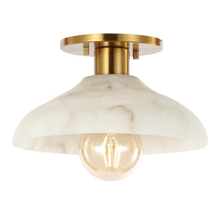 Amara 10" 1-Light Mid-Century Classic Alabaster/Iron LED Semi Flush Mount - JONATHAN Y