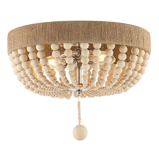 Justina Wood Bead 14" Farmhouse Bohemian Iron LED Flush Mount - JONATHAN Y