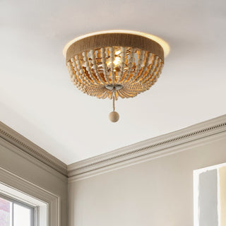 Justina Wood Bead 14" Farmhouse Bohemian Iron LED Flush Mount - JONATHAN Y
