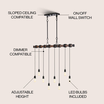 Rhys 40" 8-Light Vintage Industrial Driftwood Iron LED Linear Chandelier with Height Adjustable Bulbs - JONATHAN Y