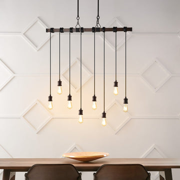 Rhys 40" 8-Light Vintage Industrial Driftwood Iron LED Linear Chandelier with Height Adjustable Bulbs - JONATHAN Y