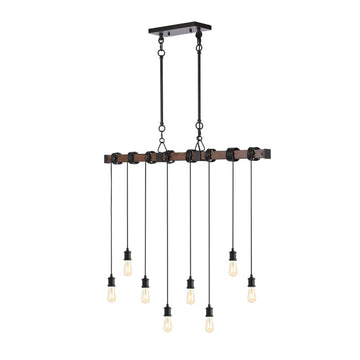 Rhys 40" 8-Light Vintage Industrial Driftwood Iron LED Linear Chandelier with Height Adjustable Bulbs - JONATHAN Y