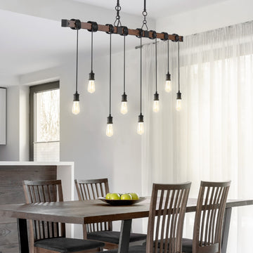 Rhys 40" 8-Light Vintage Industrial Driftwood Iron LED Linear Chandelier with Height Adjustable Bulbs - JONATHAN Y