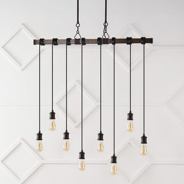 Rhys 40" 8-Light Vintage Industrial Driftwood Iron LED Linear Chandelier with Height Adjustable Bulbs - JONATHAN Y