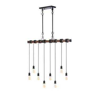Rhys 40" 8-Light Vintage Industrial Driftwood Iron LED Linear Chandelier with Height Adjustable Bulbs - JONATHAN Y