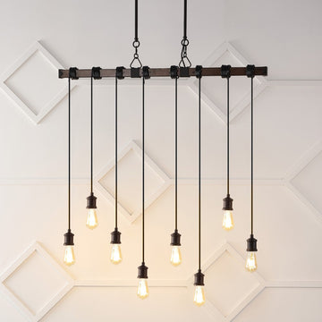 Rhys 40" 8-Light Vintage Industrial Driftwood Iron LED Linear Chandelier with Height Adjustable Bulbs - JONATHAN Y