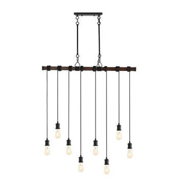 Rhys 40" 8-Light Vintage Industrial Driftwood Iron LED Linear Chandelier with Height Adjustable Bulbs - JONATHAN Y