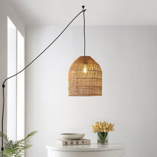 Koda 13" Farmhouse Coastal Bohemian Rattan 180" Cord Plug-In or Hardwired LED Pendant - JONATHAN Y