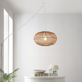 Leo 17.5" Farmhouse Coastal Rattan 180" Cord Plug-In or Hardwired LED Pendant - JONATHAN Y