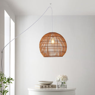 Raya 19" Farmhouse Coastal Rattan 180" Cord Plug-In or Hardwired LED Pendant - JONATHAN Y