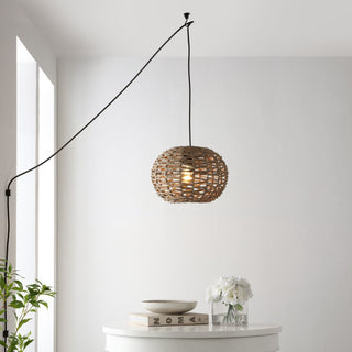Isla 14" Farmhouse Coastal Rattan 180" Cord Plug-In or Hardwired LED Pendant - JONATHAN Y