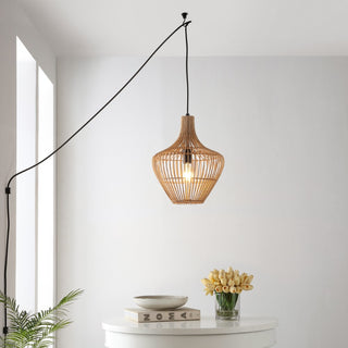 Lucas 13" Farmhouse Coastal Rattan 180" Cord Plug-In or Hardwired LED Pendant - JONATHAN Y