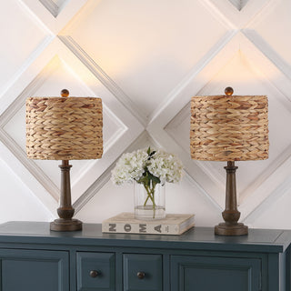 Leona 21.25" Rustic Farmhouse Handwoven Rattan/Resin LED Table Lamp - JONATHAN Y