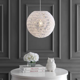 Luna 15.75" Bohemian Modern Woven Rattan/Iron LED Pendant - JONATHAN Y