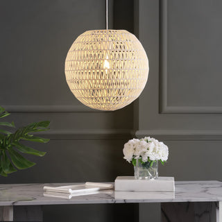 Luna 15.75" Bohemian Modern Woven Rattan/Iron LED Pendant - JONATHAN Y