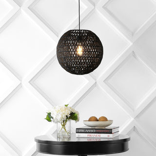 Luna 15.75" Bohemian Modern Woven Rattan/Iron LED Pendant - JONATHAN Y