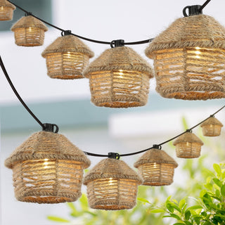 Maui 10-Light Indoor/Outdoor 10 ft. Mid-Century Vintage Incandescent G40 Tiki Hut Hemp Rope Shaded String Lights - JONATHAN Y