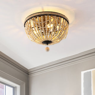Dune Wood Bead 15.25" Bohemian Farmhouse Iron LED Semi Flush Mount - JONATHAN Y