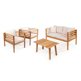 Thom 4-Piece Mid-Century Modern Acacia Wood Outdoor Patio Set with Cushions and Plaid Decorative Pillows - JONATHAN Y