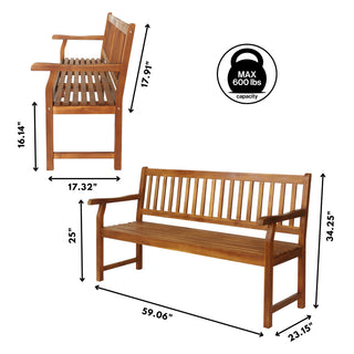 Laurel Slat-Back 600-Lbs Support Acacia Wood Outdoor Garden Patio Bench - JONATHAN Y