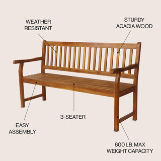 Laurel Slat-Back 600-Lbs Support Acacia Wood Outdoor Garden Patio Bench - JONATHAN Y