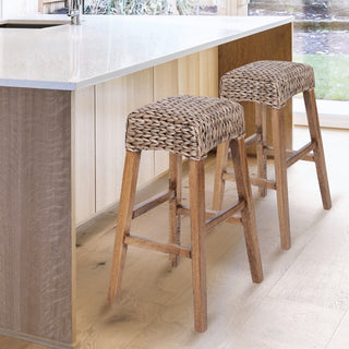 Maui Rustic Bohemian Hyacinth/Wood Backless Counter Stool - JONATHAN Y