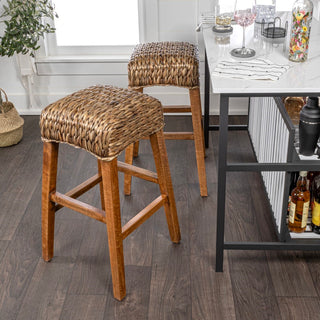 Maui Rustic Bohemian Hyacinth/Wood Backless Counter Stool - JONATHAN Y