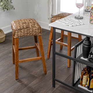 Maui Rustic Bohemian Hyacinth/Wood Backless Counter Stool - JONATHAN Y