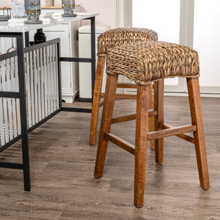 Maui Rustic Bohemian Hyacinth/Wood Backless Counter Stool - JONATHAN Y