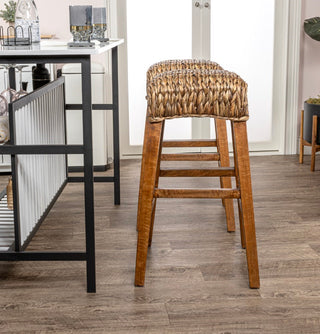 Maui Rustic Bohemian Hyacinth/Wood Backless Counter Stool - JONATHAN Y