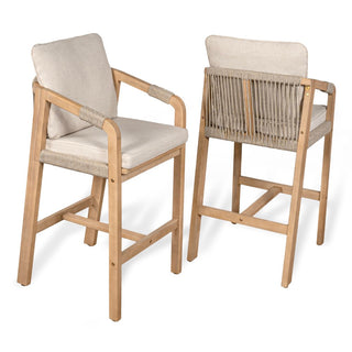 Porto Modern Coastal Tub Roped Acacia Wood Outdoor Bar Stool with Cushions and Armrests - JONATHAN Y