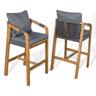 Porto Modern Coastal Tub Roped Acacia Wood Outdoor Bar Stool with Cushions and Armrests - JONATHAN Y