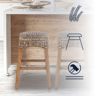 Maui Rustic Bohemian Hyacinth/Wood Backless Counter Stool - JONATHAN Y