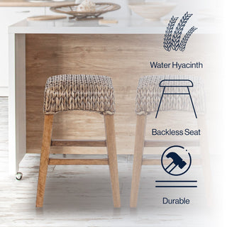 Maui Rustic Bohemian Hyacinth/Wood Backless Counter Stool - JONATHAN Y