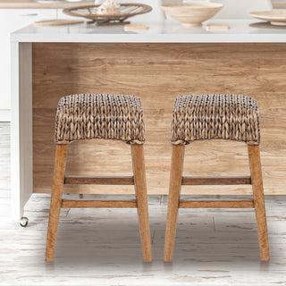Maui Rustic Bohemian Hyacinth/Wood Backless Counter Stool - JONATHAN Y
