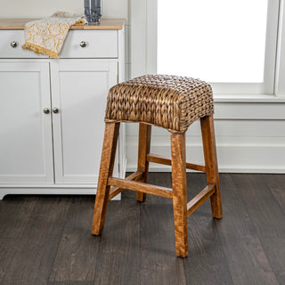 Maui Rustic Bohemian Hyacinth/Wood Backless Counter Stool - JONATHAN Y