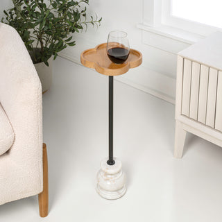 Colby 24.5" Classic Cottage Wood/Metal Drink Table and Decorative End Table with Quatrefoil Top and White Marble Base