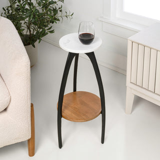 Ollie 24.5" Designer Farmhouse Metal Tripod Drink Table and Decorative End Table with White Marble Round Top and Wood Undershelf