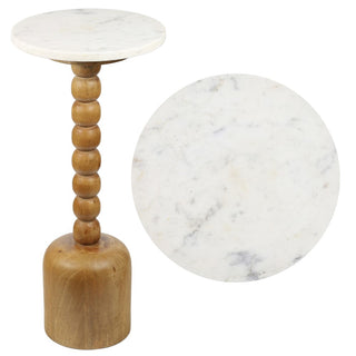 Turner 24.5" Designer Cottage Spindle Wood Column Drink Table and Decorative End Table with White Marble Round Top