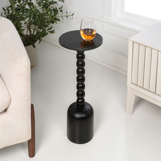 Turner 24.5" Designer Cottage Spindle Wood Column Drink Table and Decorative End Table with White Marble Round Top