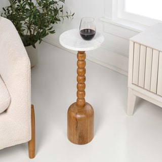 Turner 24.5" Designer Cottage Spindle Wood Column Drink Table and Decorative End Table with White Marble Round Top
