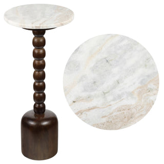 Turner 24.5" Designer Cottage Spindle Wood Column Drink Table and Decorative End Table with White/Beige Marble Round Top