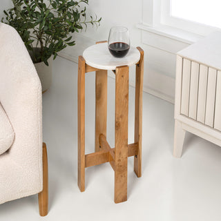 Elena 24" Minimalist Structured Wood Drink Table and Decorative End Table with White Marble Round Top