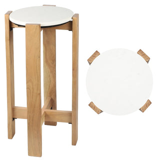 Elena 24" Minimalist Structured Wood Drink Table and Decorative End Table with White Marble Round Top