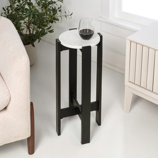 Elena 24" Minimalist Structured Wood Drink Table and Decorative End Table with White Marble Round Top