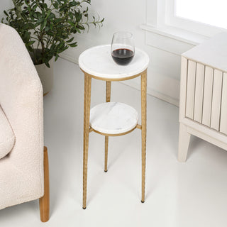 Seraphina 24.75" Industrial 2-Tier Metal Frame Drink Table and Decorative End Table with White Marble Round Top