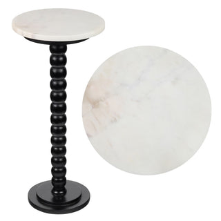 Monroe 24.25" Rustic Farmhouse Spindle Wood Drink Table and Decorative End Table with White Marble Round Top